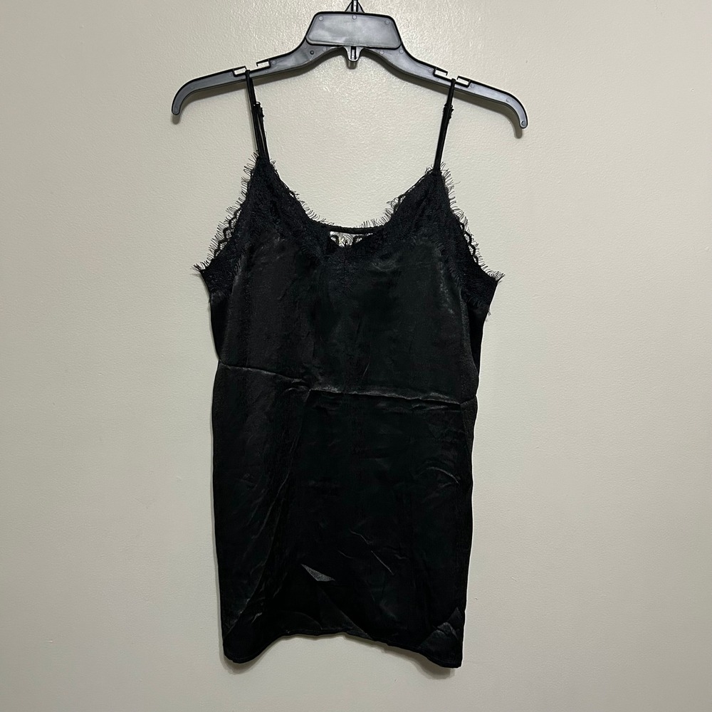Elle Rae Satin Slip Dress Cami L Black Silky Lace Fringe Tank Top Fairy Grunge